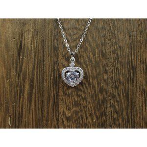 16" Sterling Silver Bright Cubic Zirconia Heart Pendant Necklace Vintage Minimal